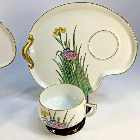 2 Kotobuki Snack Plate Shadow Geisha Tea Cup Eggshell Porcelain Floral Japan 50s